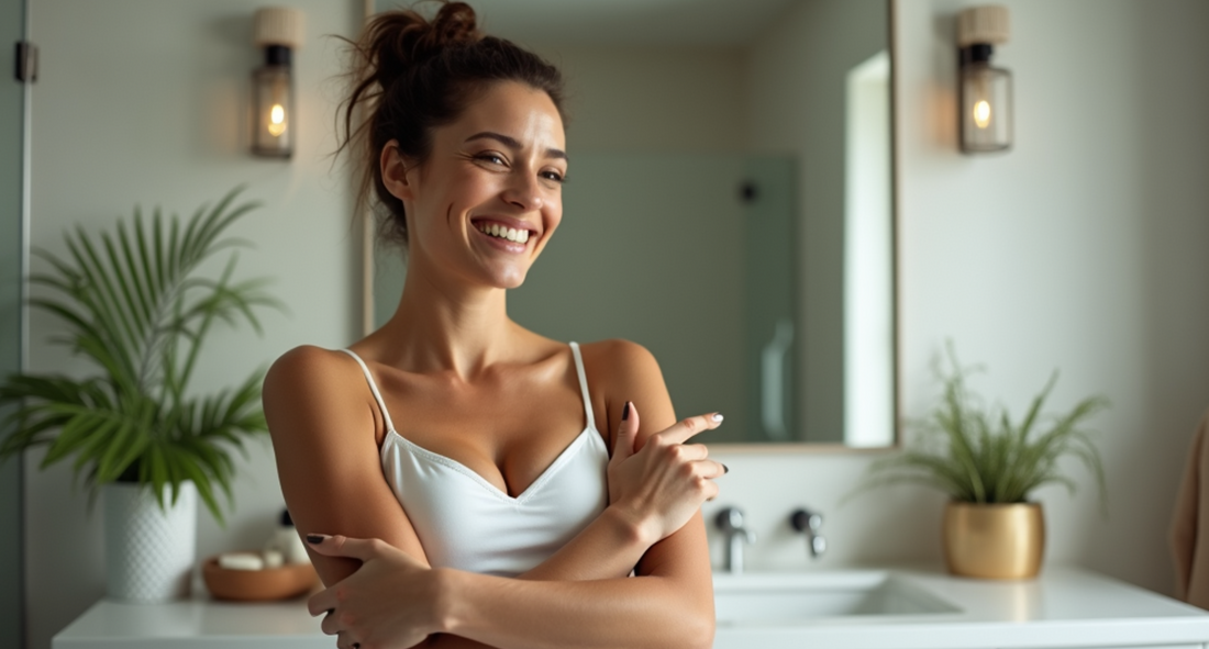 A cheerful woman with radiant skin standing confidently in a modern bathroom, surrounded by lush greenery, exemplifying the secrets to achieving smooth and supple skin.