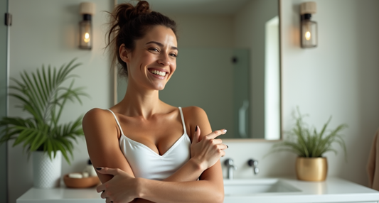 A cheerful woman with radiant skin standing confidently in a modern bathroom, surrounded by lush greenery, exemplifying the secrets to achieving smooth and supple skin.