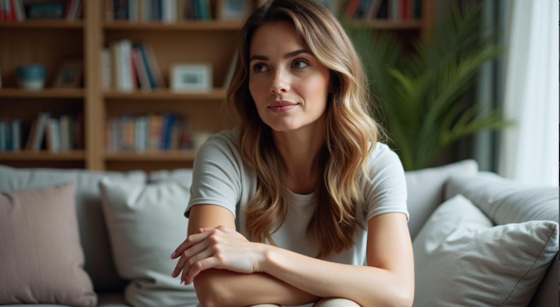 A serene woman with wavy hair sits on a gray couch, arms crossed, in a cozy room with bookshelves and plants, exuding natural beauty and calm confidence, perfectly capturing the essence of "Glow Up 2025: Skincare Resolutions That Don’t Suck."