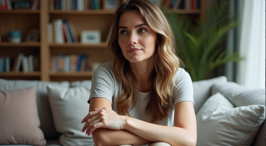 A serene woman with wavy hair sits on a gray couch, arms crossed, in a cozy room with bookshelves and plants, exuding natural beauty and calm confidence, perfectly capturing the essence of "Glow Up 2025: Skincare Resolutions That Don’t Suck."