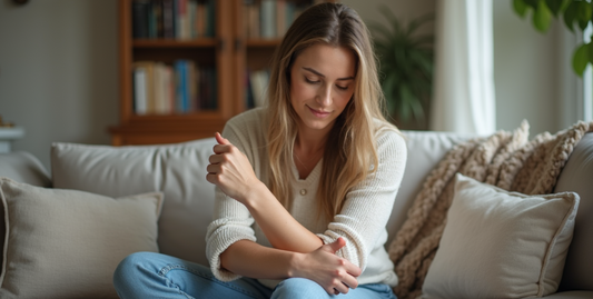 A worried woman lightly touching her skin, feeling a stinging reaction from skincare, emphasizing the difficulties of caring for sensitive skin.