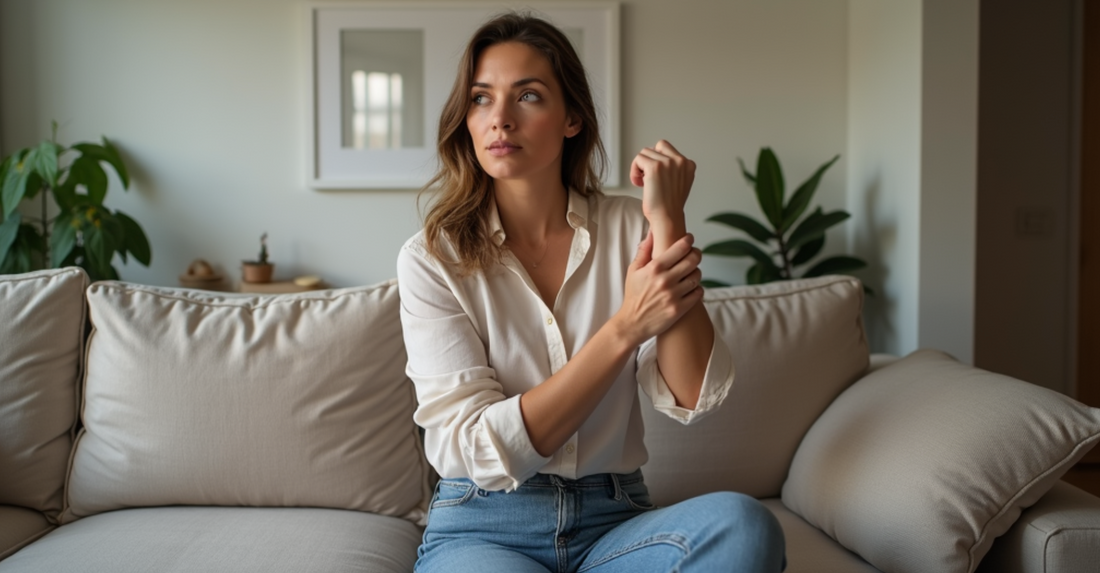 A woman sits on a beige sofa in a softly lit, minimalist room. Dressed in a white shirt and jeans, she touches her arm thoughtfully, with green plants and simple decor in the background, reflecting a focus on skincare habits.