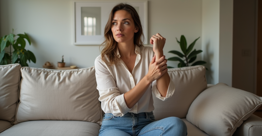 A woman sits on a beige sofa in a softly lit, minimalist room. Dressed in a white shirt and jeans, she touches her arm thoughtfully, with green plants and simple decor in the background, reflecting a focus on skincare habits.