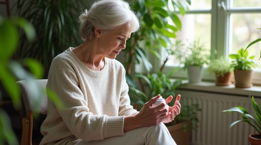 A woman with white hair holds a skincare product in a plant-filled room, reflecting the title "Dry Skin vs. Dehydrated Skin: What’s the Difference?"