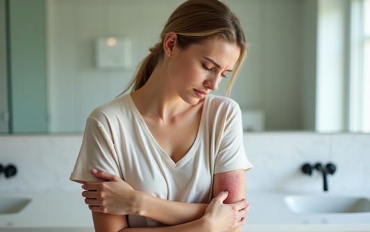 A woman examining her skin closely, unveiling the deeper challenges of living with psoriasis beyond just dryness.