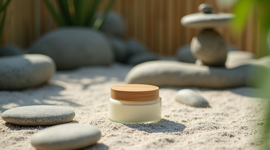 A jar of cream with a wooden lid rests on soft sand surrounded by smooth stones, creating a serene and natural setting that complements the title "Your Ultimate Guide to Tackling Dry Skin."