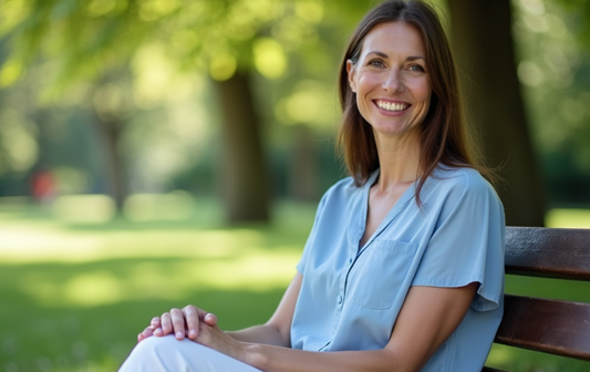 A smiling woman in a light blue blouse sits on a wooden bench in a sunlit park, surrounded by vibrant green grass and trees, reflecting the theme of lifestyle and natural beauty.