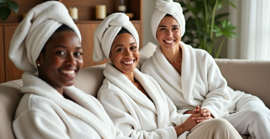 Three diverse women smiling warmly in white robes and towel headwraps, embodying relaxation and skincare care, complementing the theme 'Sensitive Skin: Your Guide to Soothing and Smiling.