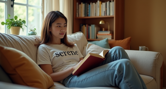 A serene woman sitting on a cozy couch, reading a book in a relaxed environment, symbolizing calm and peaceful solutions for sensitive skin care.