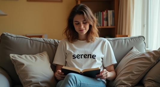A young woman wearing a shirt with the word 'serene' sits comfortably on a couch, reading a book in a softly lit room. The calm atmosphere complements the topic of 'Five Quick Fixes for Dry, Scaly Skin,' focusing on self-care and relaxation.