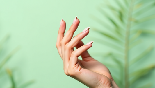 Close-up of elegant hands with a soft pink manicure against a pastel green background, symbolizing skincare and self-care, with a focus on the question of whether using a skin toner is beneficial.