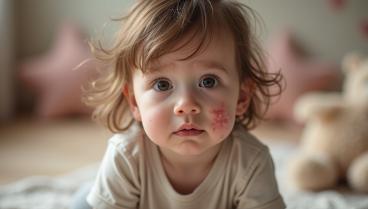 A close-up of a baby's face with soft, red patches on the cheeks, highlighting the delicate nature of eczema in infants, perfect for the title "Skin Deep: Unraveling the Mysteries of Eczema."