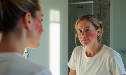 Woman with eczema looking at her sensitive skin in the mirror