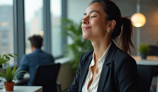 Say goodbye to Sunday Scaries, woman at work feeling calm and serene