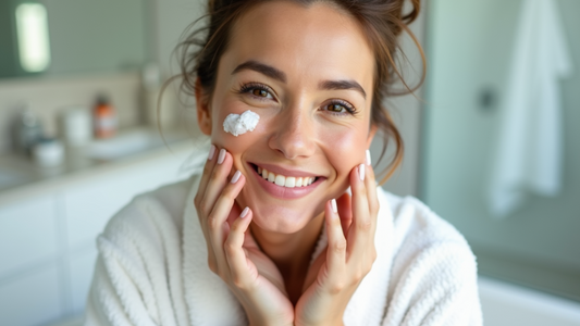 A person with a gentle smile applying soothing cream to manage facial eczema, embracing a calm and effective skincare routine.
