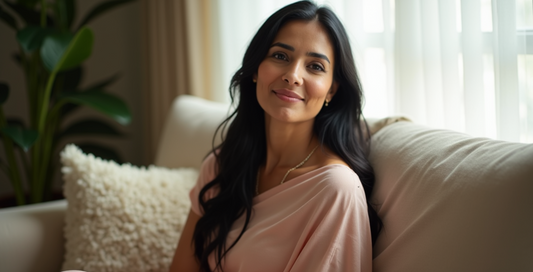A woman with radiant skin and wavy black hair sits comfortably on a beige couch, exuding calm confidence. The soft natural light and cozy setting complement the theme of "Dry Skin: Myths, Facts, and Surprising Causes.