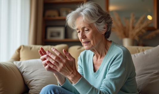 A thoughtful woman looking at her hands, contemplating skincare solutions for her sensitive skin.