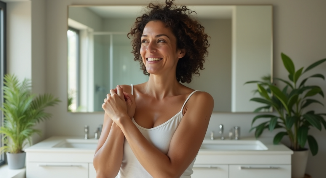 A joyful woman in a bright bathroom, surrounded by plants, symbolizing a Guide to Managing Rosacea and Sensitive Skin with care and positivity.