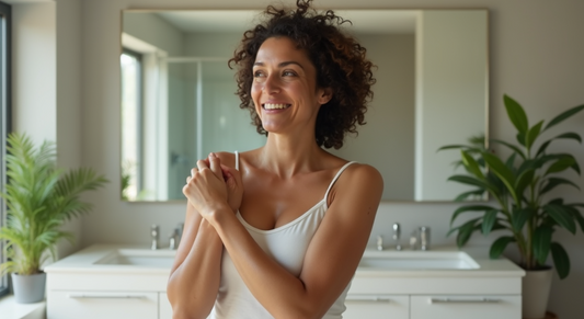 A joyful woman in a bright bathroom, surrounded by plants, symbolizing a Guide to Managing Rosacea and Sensitive Skin with care and positivity.