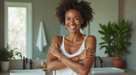 A smiling woman with glowing, hydrated skin standing in a bright, modern bathroom, surrounded by green plants and natural decor, radiating confidence and showcasing the results of effective moisturizing.